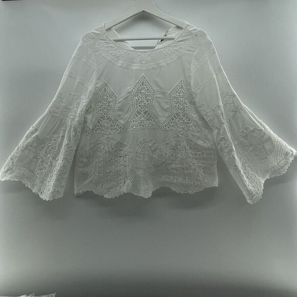 Soft Surroundings PM Petite Arlette Blouse Crochet Lace Embroidered Bell Sleeve - Picture 3 of 16